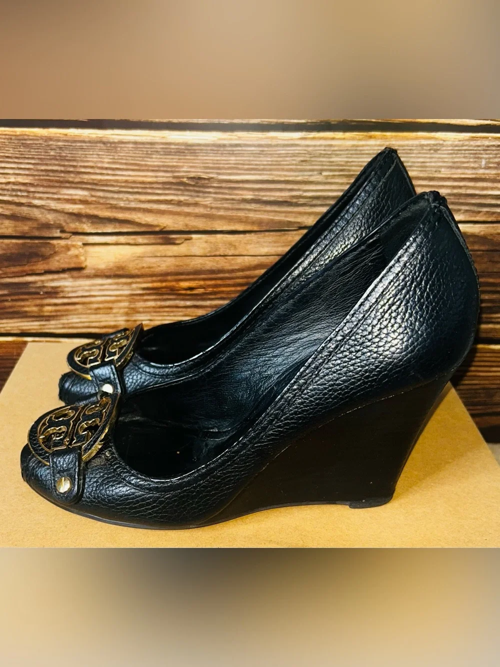 Tory Burch Black Leather Peep-Toe Wedge Pumps with Gold Emblem Size 9